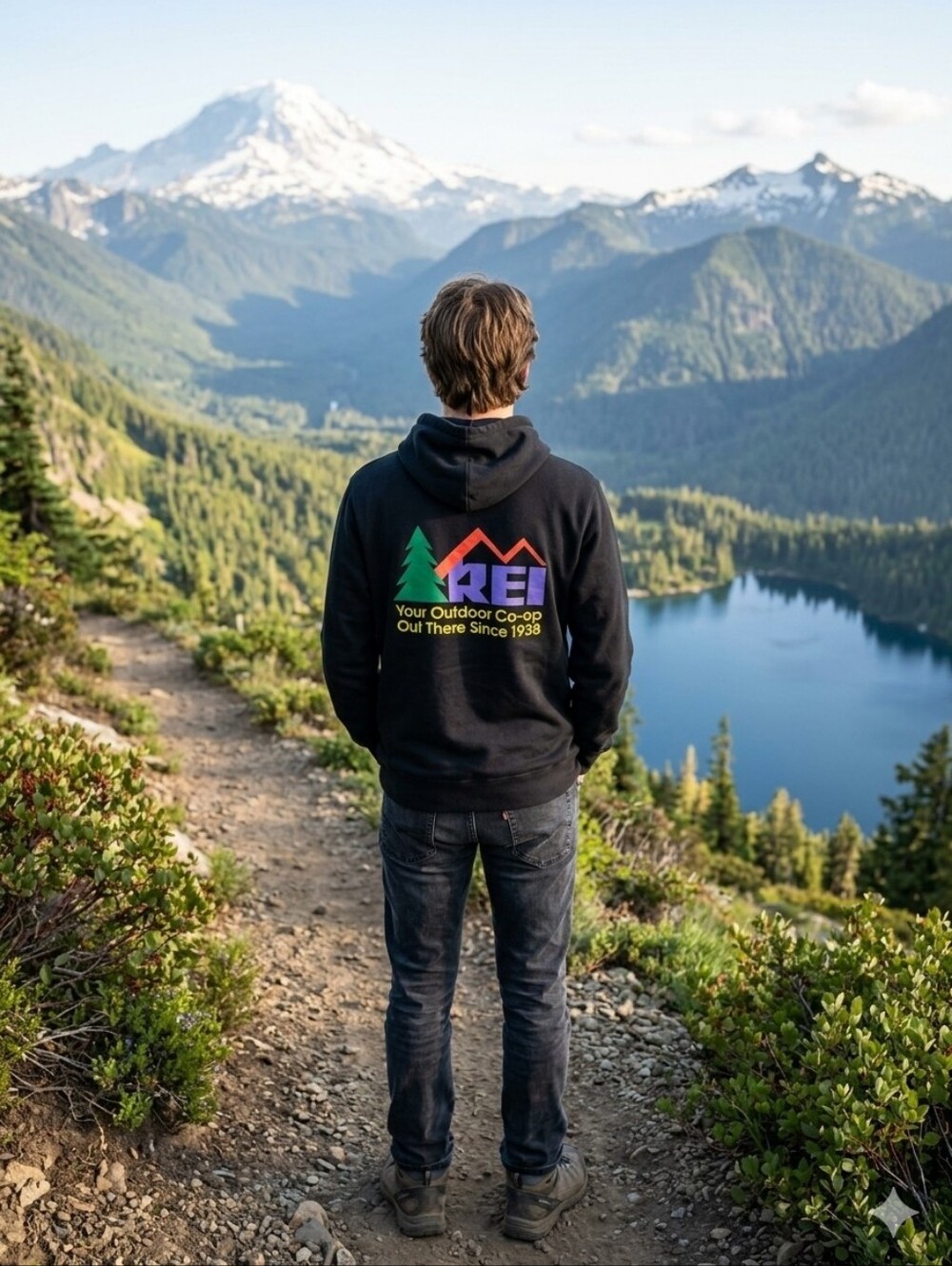 REI Black Hoodie with Small Multicolor Logo